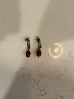 Gold Accent Red Bead Drop Earrings - Women Jewelry
